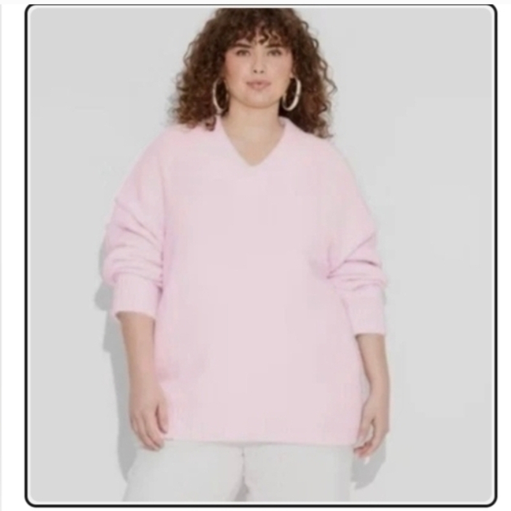 Wild Fable Oversized V Neck Fuzzy Pullover Sweater Light Pink